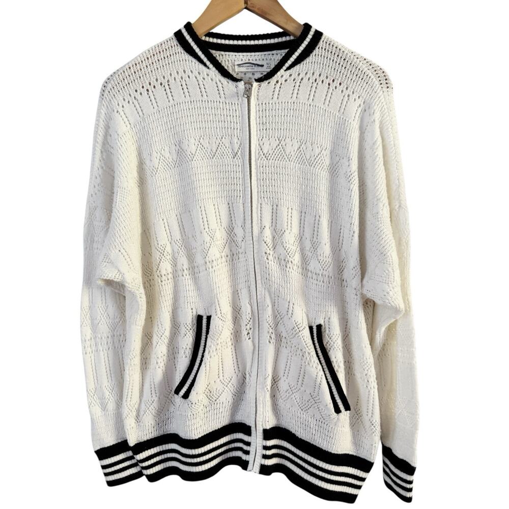 Abercrombie & Fitch White Open Crochet Knit Varsity Sweater Full Zip Sz M/L